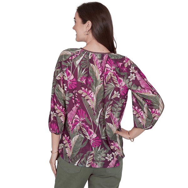 Womens Ruby Rd. Sedona Escape Tropical Tassel Neck Blouse