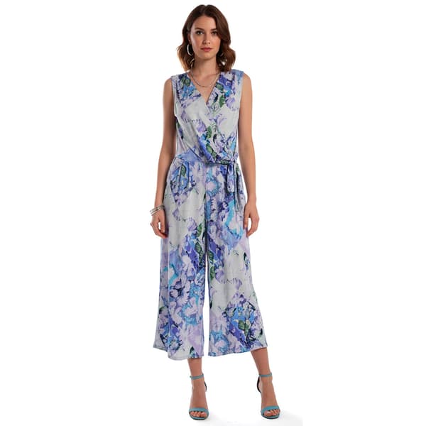 Womens Nina Leonard Sleeveless Floral Surplice Neck Crop Jumpsuit