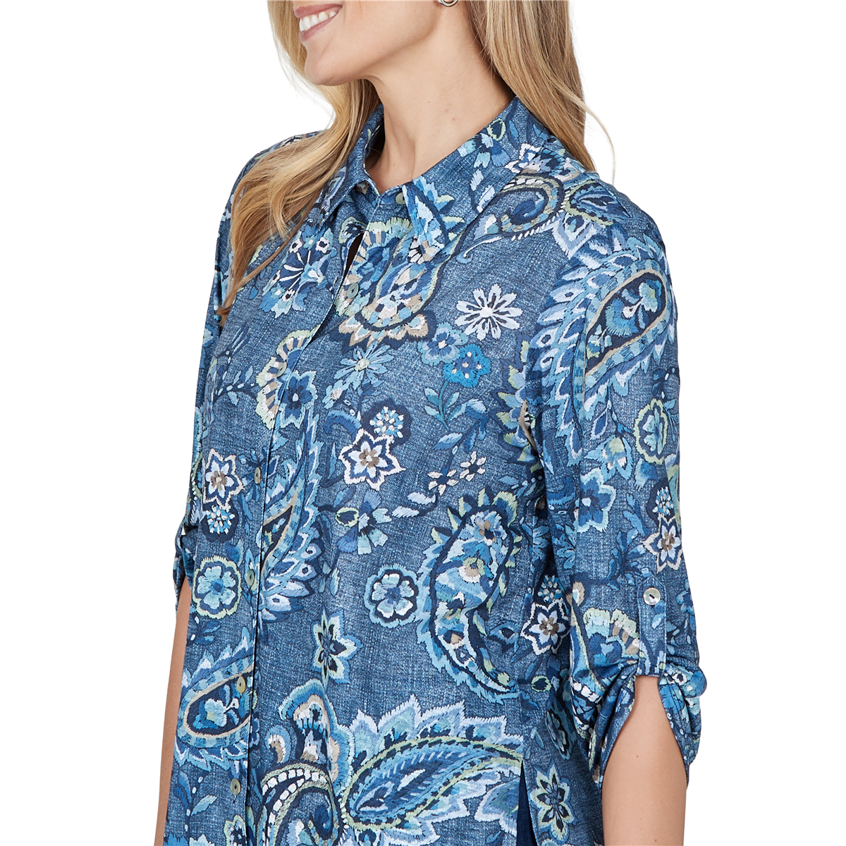 Womens Alfred Dunner Ann Arbor Roll Tab Sleeve Paisley Blouse