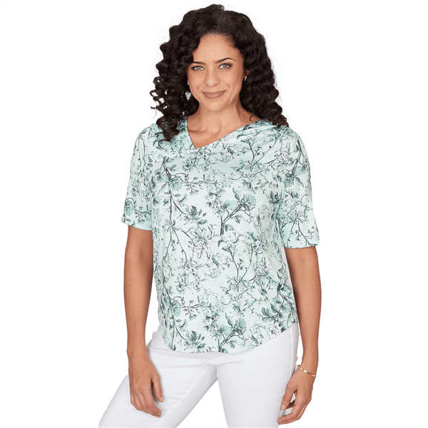 Petite Emaline Verde Grove I Asymmetrical V Neck Floral Blouse