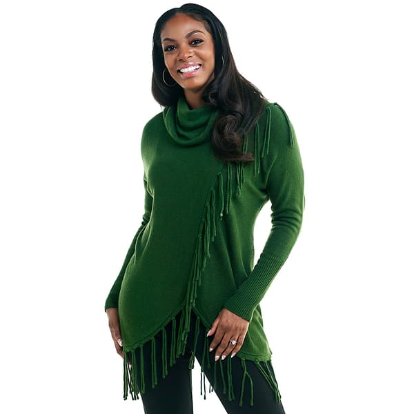 Womens Birch Long Sleeve Cowl Neck Fringe Trim Sweater