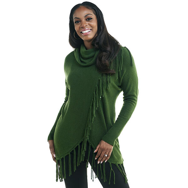 Womens Birch Long Sleeve Cowl Neck Fringe Trim Sweater - image 