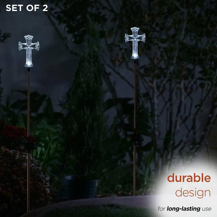 Alpine Solar Cross Garden Stake w/ LED Light - Set of 2