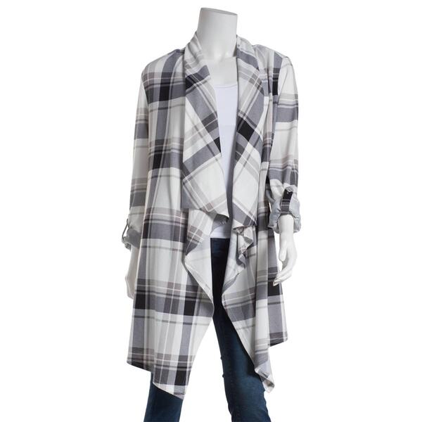 Plus Size French Laundry Roll Tab Plaid Cardigan-Cream/Black - image 