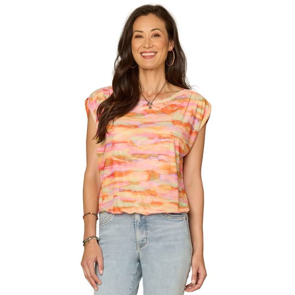 Petite Democracy Cap Sleeve Mesh Body Tie Dye Blouse - image 