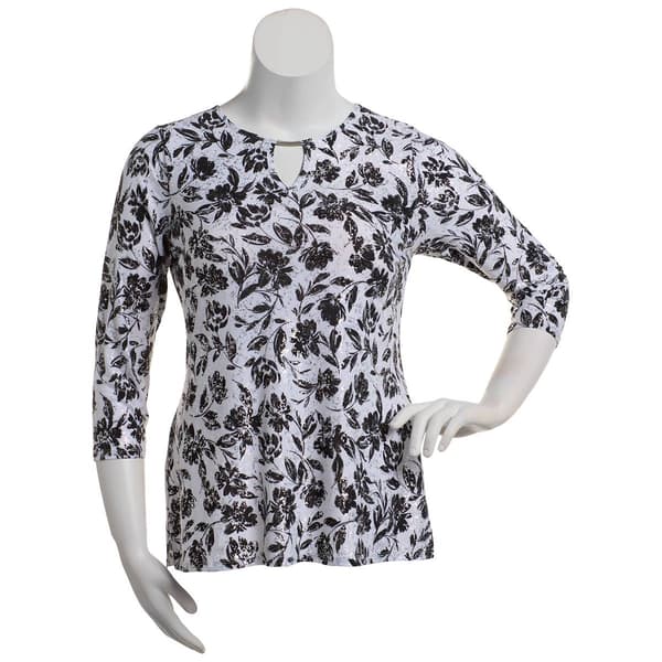 Petite Emily Daniels 3/4 Sleeve Stencil Floral Bar Neck Blouse