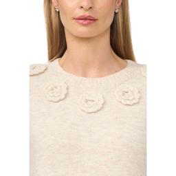 Womens Cece Short Sleeve Embroidered Flower Neck Sweater