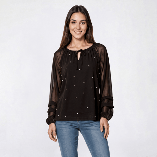 Womens BB Dakota Long Sleeve Mesh Pearl Embellished Blouse