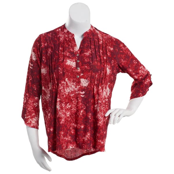 Plus Size Notations 3/4 Sleeve Jacquard Henley Blouse - Black/Red - image 