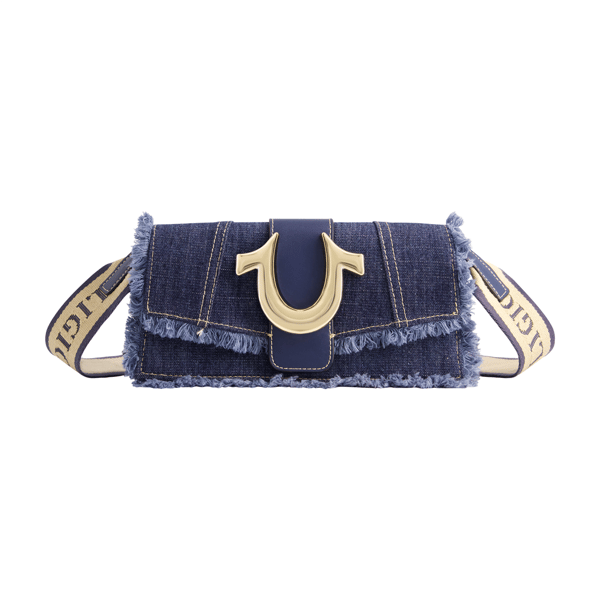 True Religion Frayed Denim Flap Shoulder Bag w/ Logo Strap - image 