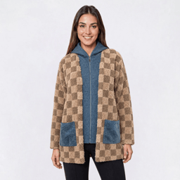 Womens Cyrus Long Sleeve Plush Hooded Check Denim Trim Jacket