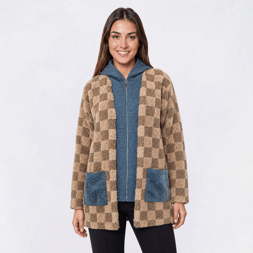 Womens Cyrus Long Sleeve Plush Hooded Check Denim Trim Jacket - image 
