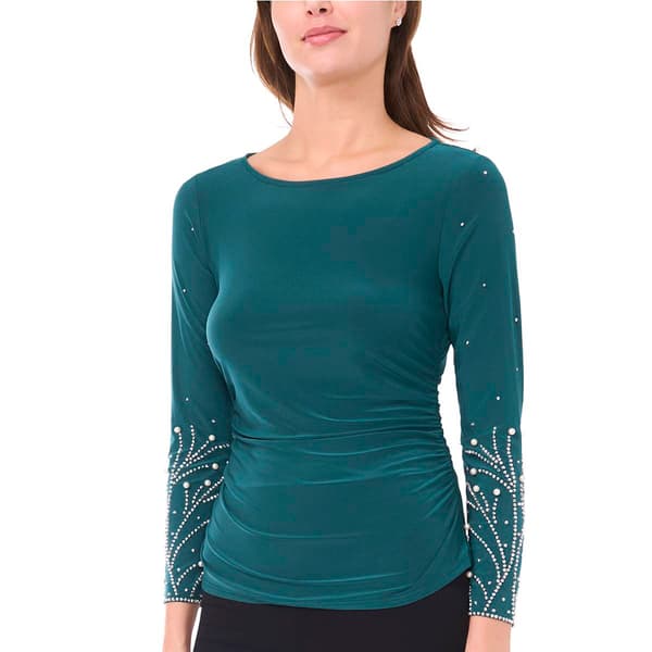 Womens MSK Pearl and Rhinestone 3/4 Sleeve Blouse