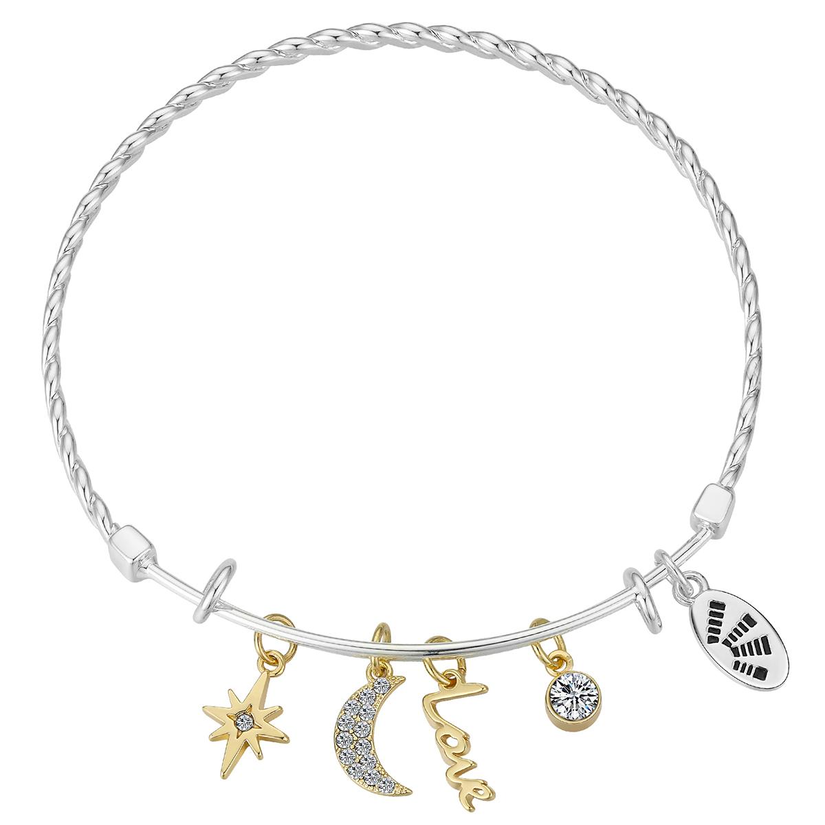 Shine Love Crystal Star & Moon Bezel Twist Bangle Bracelet