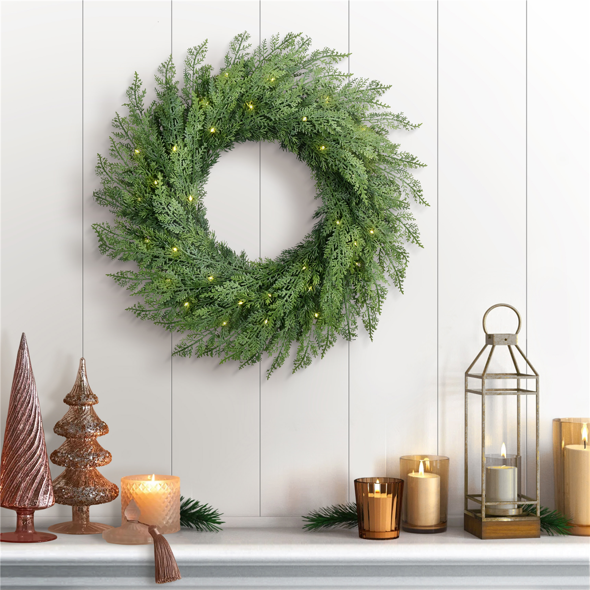 Puleo International Pre-Lit Flocked Wreath w/ Twinkle Rice Lights