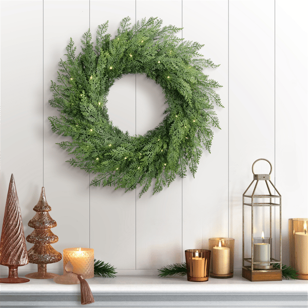 Puleo International Pre-Lit Flocked Wreath w/ Twinkle Rice Lights