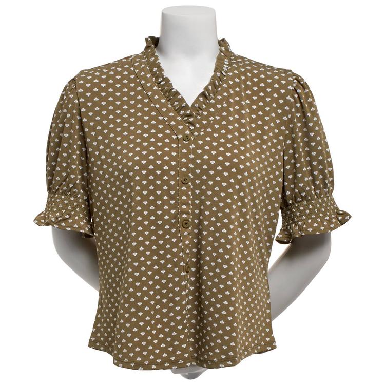 Womens Adrianna Papell Short Smocked Sleeve Leaf Blouse