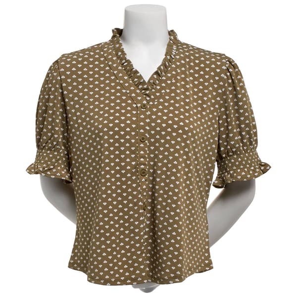Womens Adrianna Papell Short Smocked Sleeve Leaf Blouse