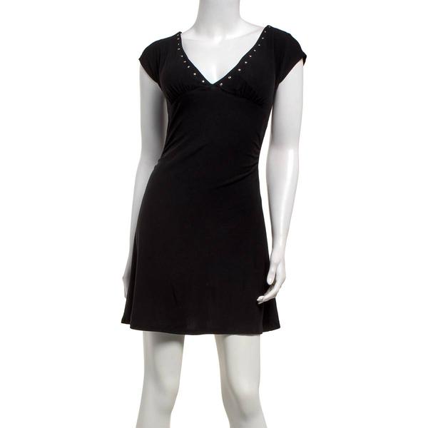 Juniors Derek Heart Solid Yum Stud Trim V-Neck Skater Dress