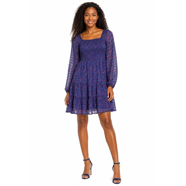 Juniors Jolt Long Sleeve Floral Pucker Chiffon Skater Dress