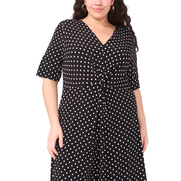 Plus Size MSK Elbow Sleeve V Neck Dot Midi Dress