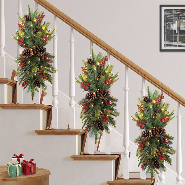 Puleo International Pre-Lit Adorned Banister Swag with Pinecones