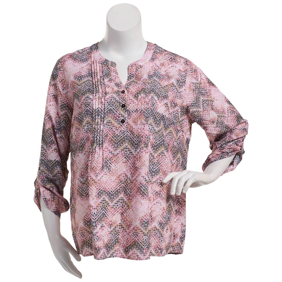 Plus Size Notations 3/4 Sleeve Chevron Pleat Tuwa Henley Blouse