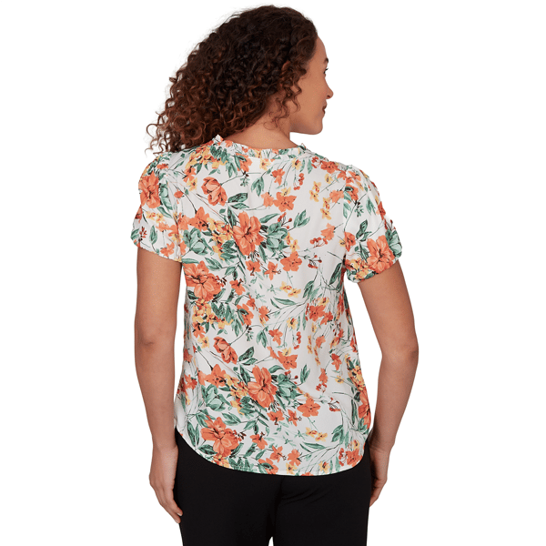 Petites Emaline Verde Grove I Short Sleeve Floral Tie Neck Blouse