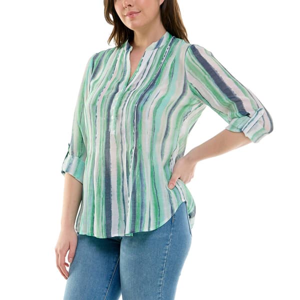 Womens Zac & Rachel 3/4 Roll Tab Sleeve Stripe Blouse