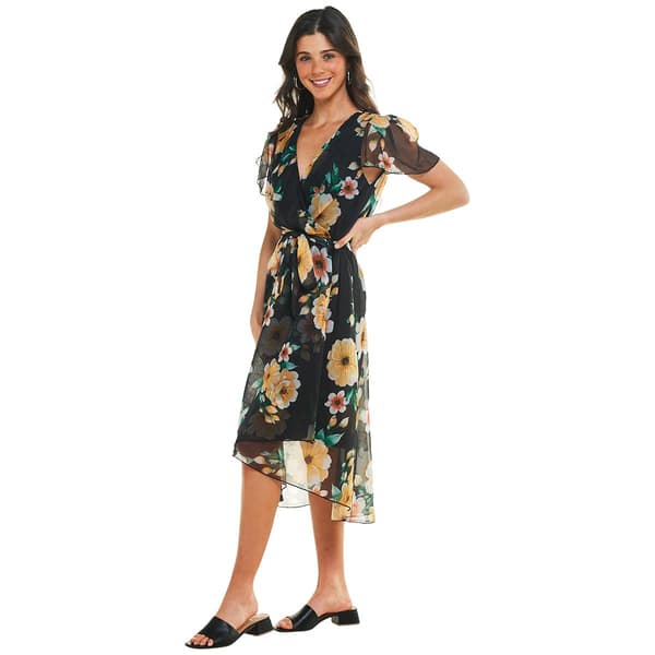 Womens Ellen Weaver Chiffon Floral High Low Hem Dress- Poppy