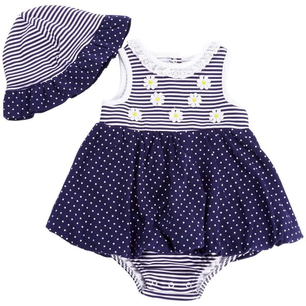 Baby Girl (3-12M) Little Me Navy Daisies Bodysuit Dress w/Hat - image 