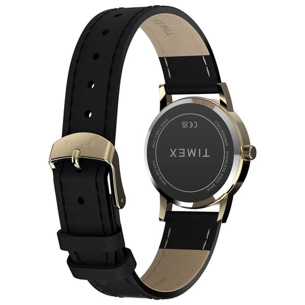 Womens Timex® Silver Dial Watch w/ Black Leather Strap