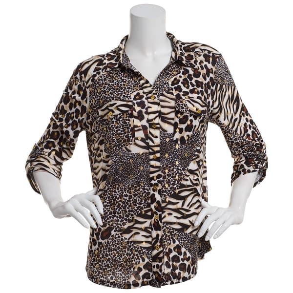 Womens Emily Daniels 3/4 Sleeve Foil Animal Button Front Blouse - image 