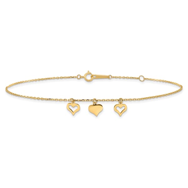 Gold Classics&#8482; 14kt. Yellow Gold Dangling Hearts Ankle Bracelet