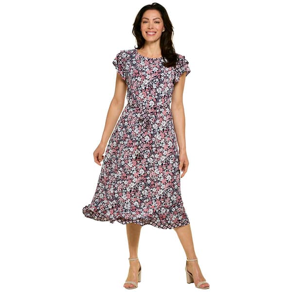 Womens Perceptions Short Sleeve Belted Floral Midi Dress