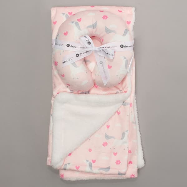 Dreamkids(tm) Unicorn & Hearts Blanket W/ Neck Pillow - image 