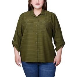 Plus Size NY Collection 3/4 Roll Sleeve Jacquard Button Front