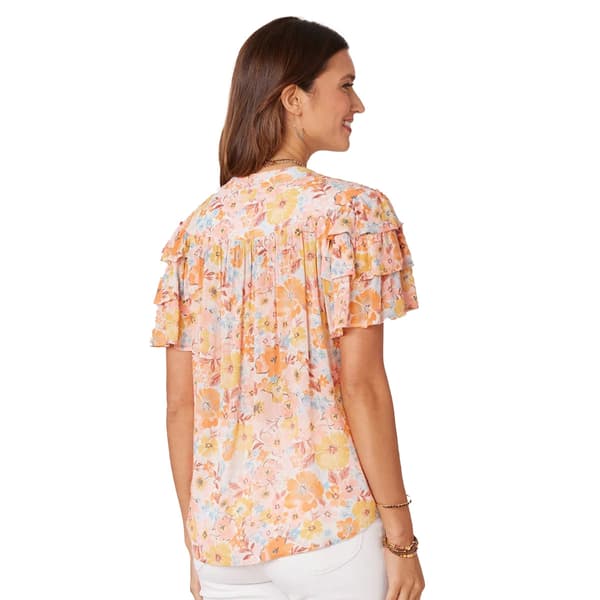 Womens Democracy Triple Flounce Short Sleeve Floral Woven Blouse