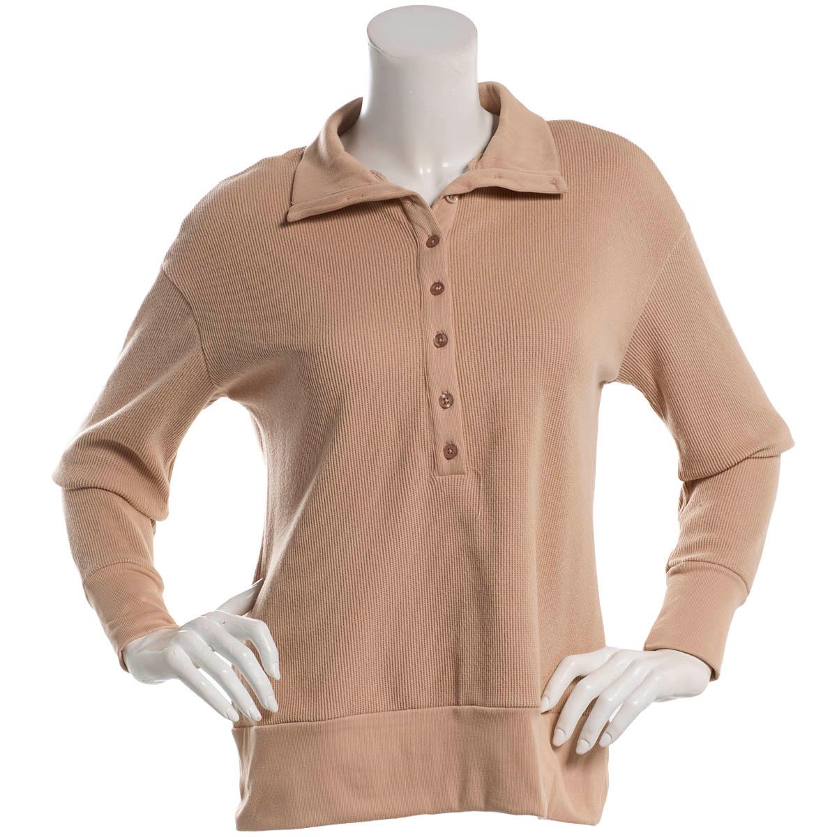 Juniors No Comment Waffle Knit Quarter Button Pullover