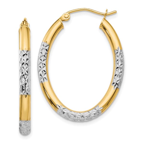 Gold Classics&#40;tm&#41; 14kt. & Rhodium 3mm Diamond Cut Hoop Earrings - image 