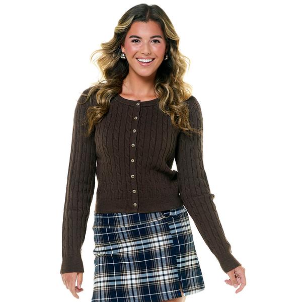 Juniors Pink Rose Cable Short Button Front Crew Neck Cardigan - image 