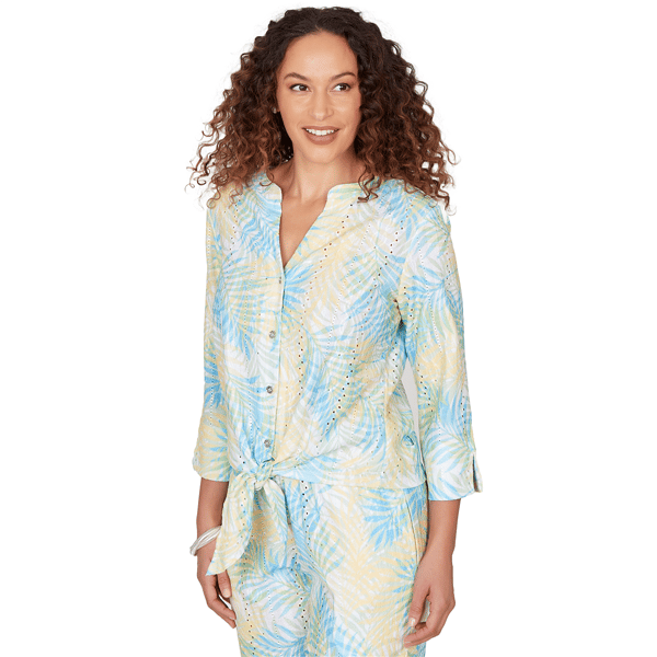 Womens Hearts of Palm Aqua Fresh 3/4 Sleeve Tropical Blouse