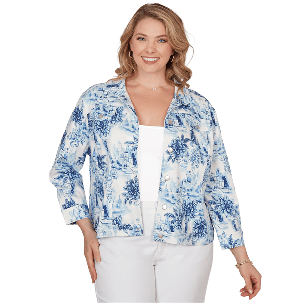 Plus Size Ruby Rd. French Riviera Floral Toile Denim Jacket - image 