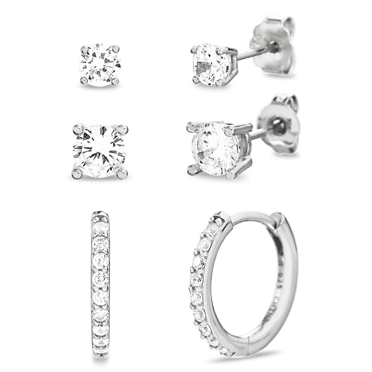 3pr. Sterling Silver & Rhodium CZ Stud & Hoop Earrings Set