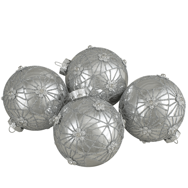 Northlight 4ct. Glittered Floral Christmas Glass Ball Ornaments - image 
