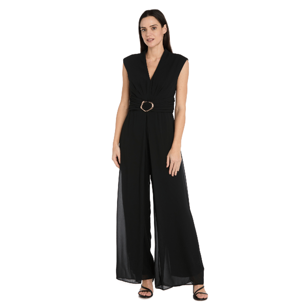 Womens R&M Richards Flowy Chiffon Sleeveless Flare Jumpsuit - image 