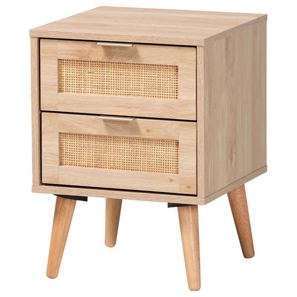 Baxton Studio Baird Oak Brown Wood/Rattan 2-Drawer Nightstand - image 
