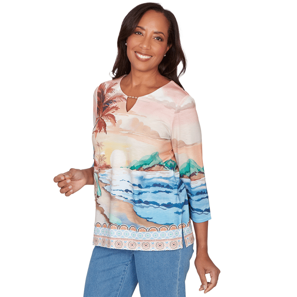 Womens Alfred Dunner Beachcomber Sunset Beach Keyhole Blouse