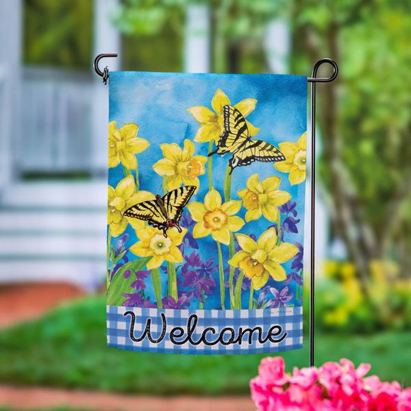 Evergreen Welcome Swallowtail & Daffodil Suede Garden Flag