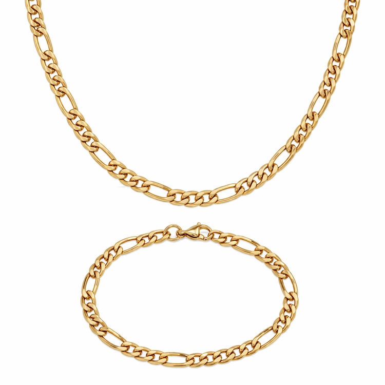 Mens Iron Saints 6mm Figaro Link 18kt. Gold Plating Necklace Set